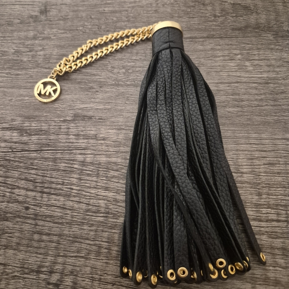 Michael Kors Black Leather Tassel Key Fob with Gold MK Charm